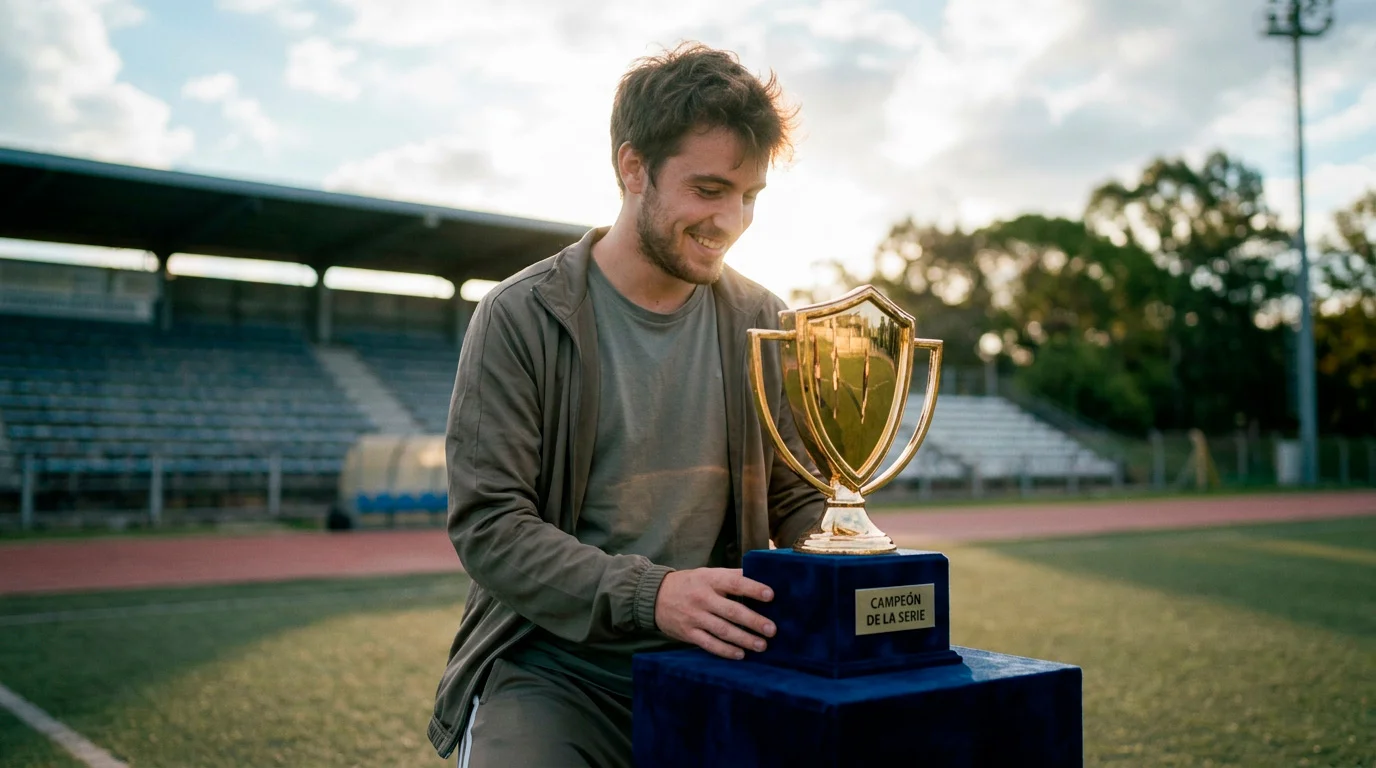 Trofeo del Scudetto de la Serie A italiana sobre un podio en un campo de fútbol vacío