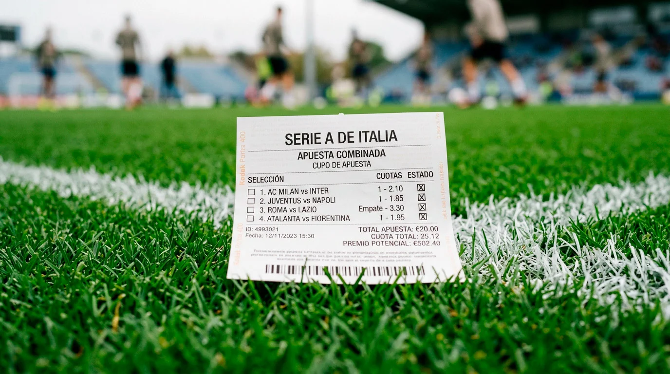 Boleto de apuestas múltiples sobre un campo de fútbol italiano con césped verde y líneas blancas