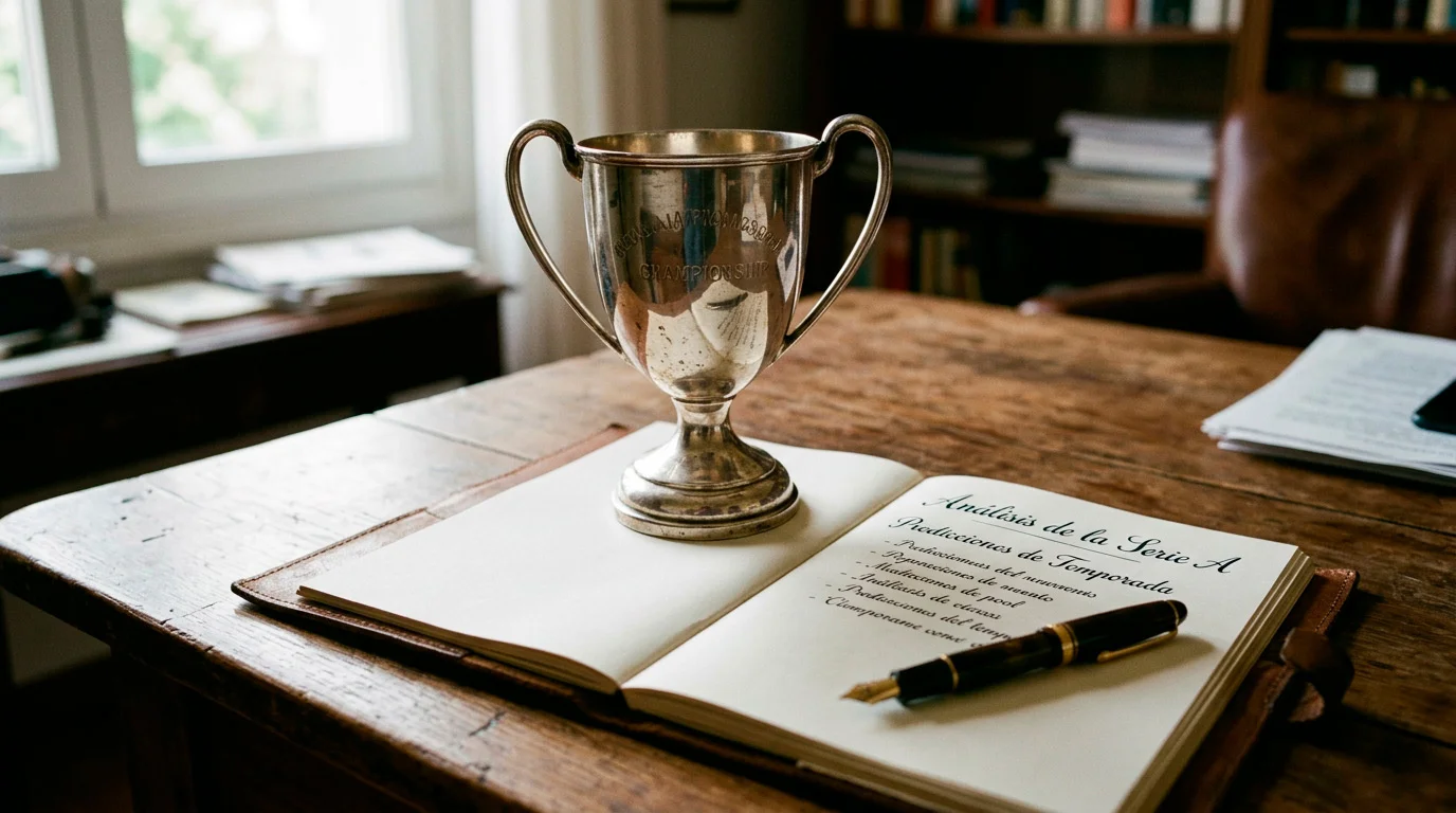Trofeo del Scudetto de la Serie A sobre una mesa junto a un bolígrafo y notas de análisis de temporada