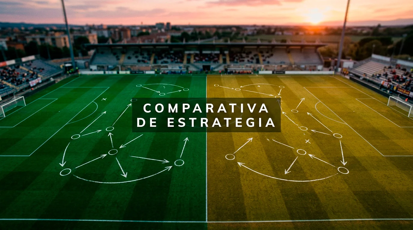 Campo de fútbol dividido con los colores de la Serie A italiana y LaLiga española para comparar ambas ligas