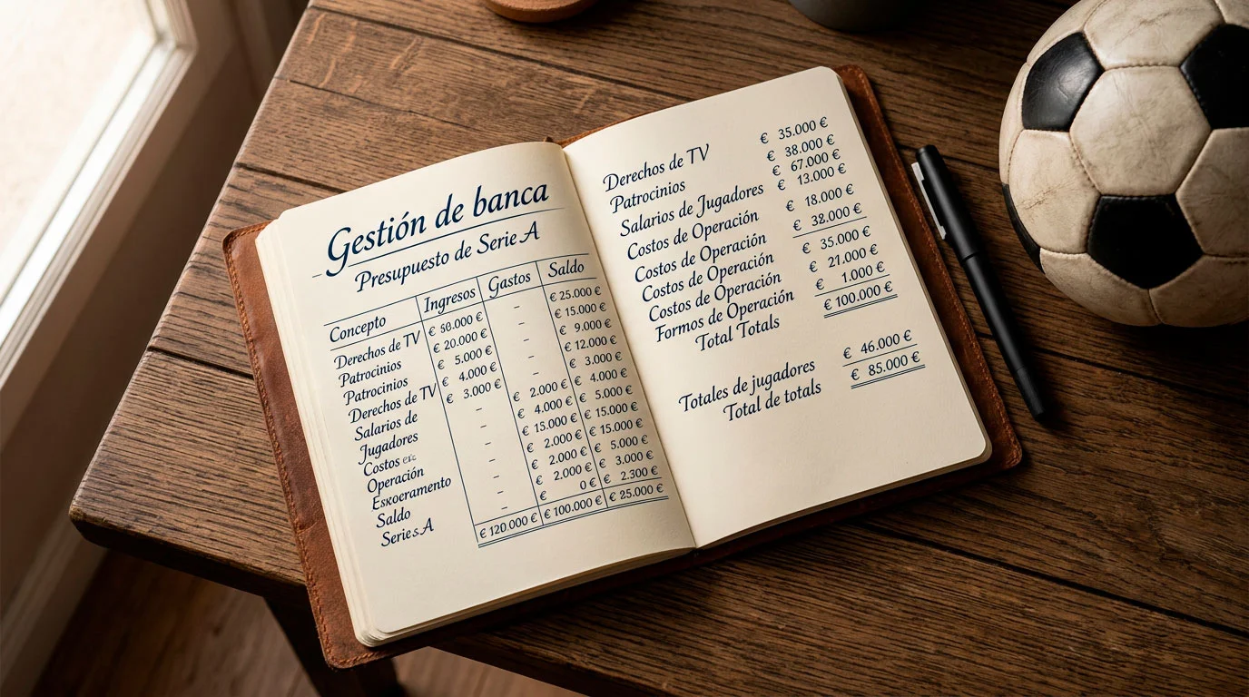 Cuaderno con anotaciones numéricas de gestión de banca junto a un balón de fútbol sobre una mesa de madera