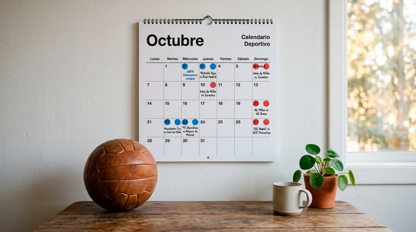 Calendario deportivo con fechas de Champions League y Serie A marcadas junto a un balón de fútbol