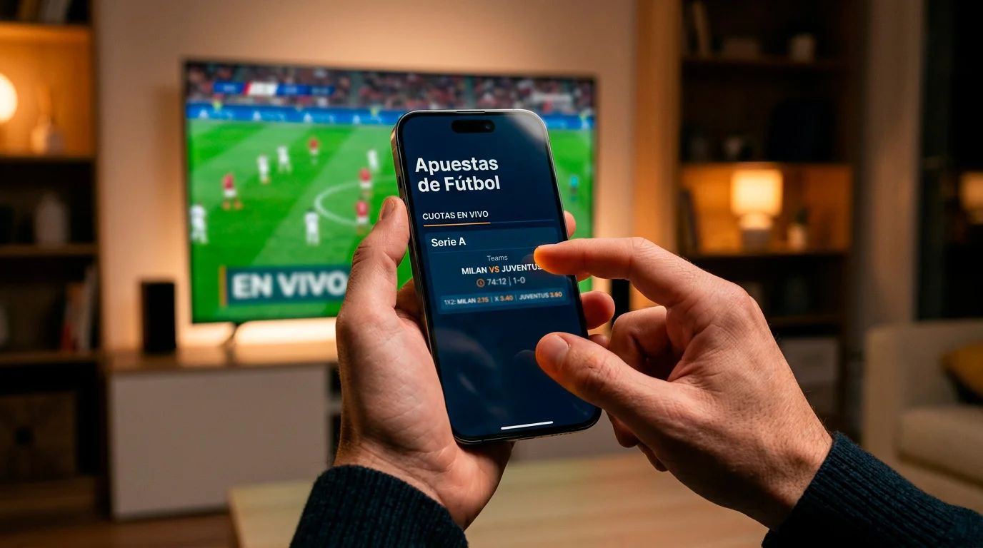 Persona usando un teléfono móvil con una aplicación de apuestas deportivas frente a un televisor con un partido de fútbol italiano