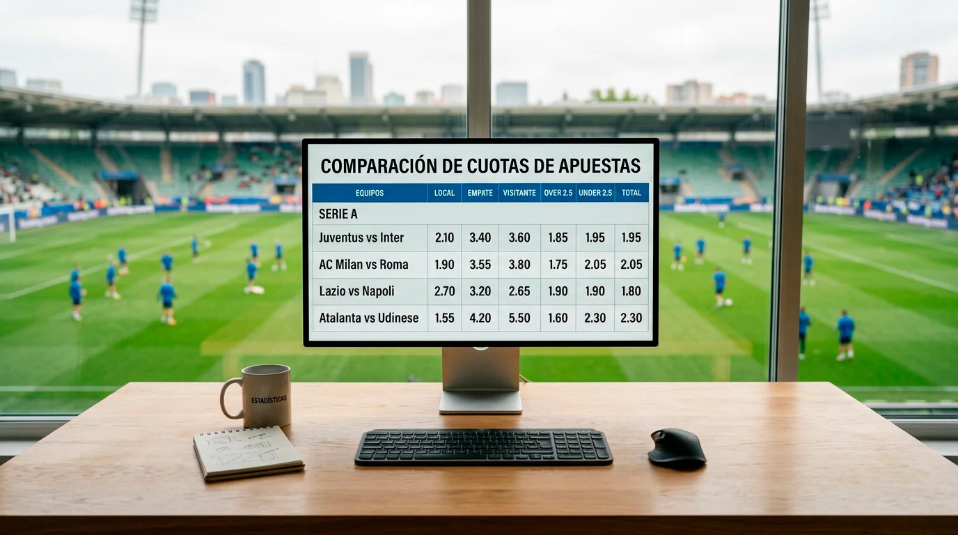 Pantalla de ordenador mostrando tablas comparativas de cuotas deportivas con un campo de fútbol de fondo