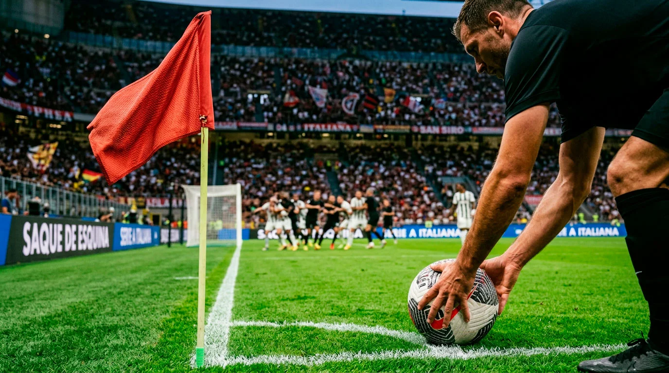 Jugador ejecutando un saque de esquina en un partido de la Serie A italiana con el banderín de córner visible