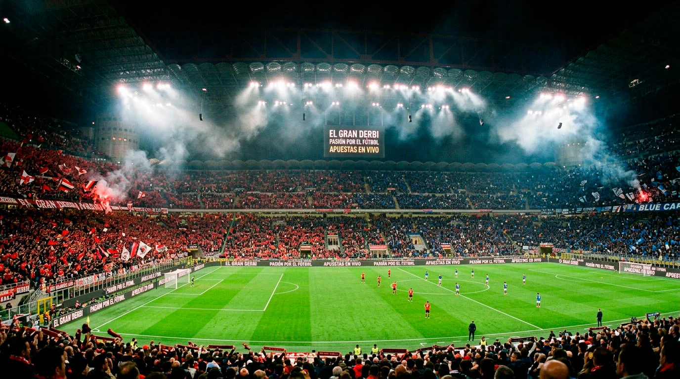 Estadio de fútbol italiano lleno de aficionados con bufandas de dos colores rivales durante un derbi nocturno