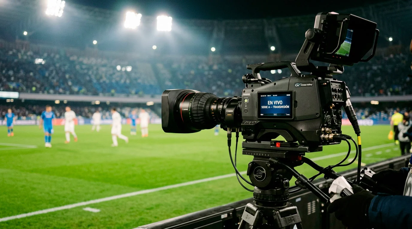 Cámara de televisión enfocando un campo de fútbol italiano durante una retransmisión en directo nocturna