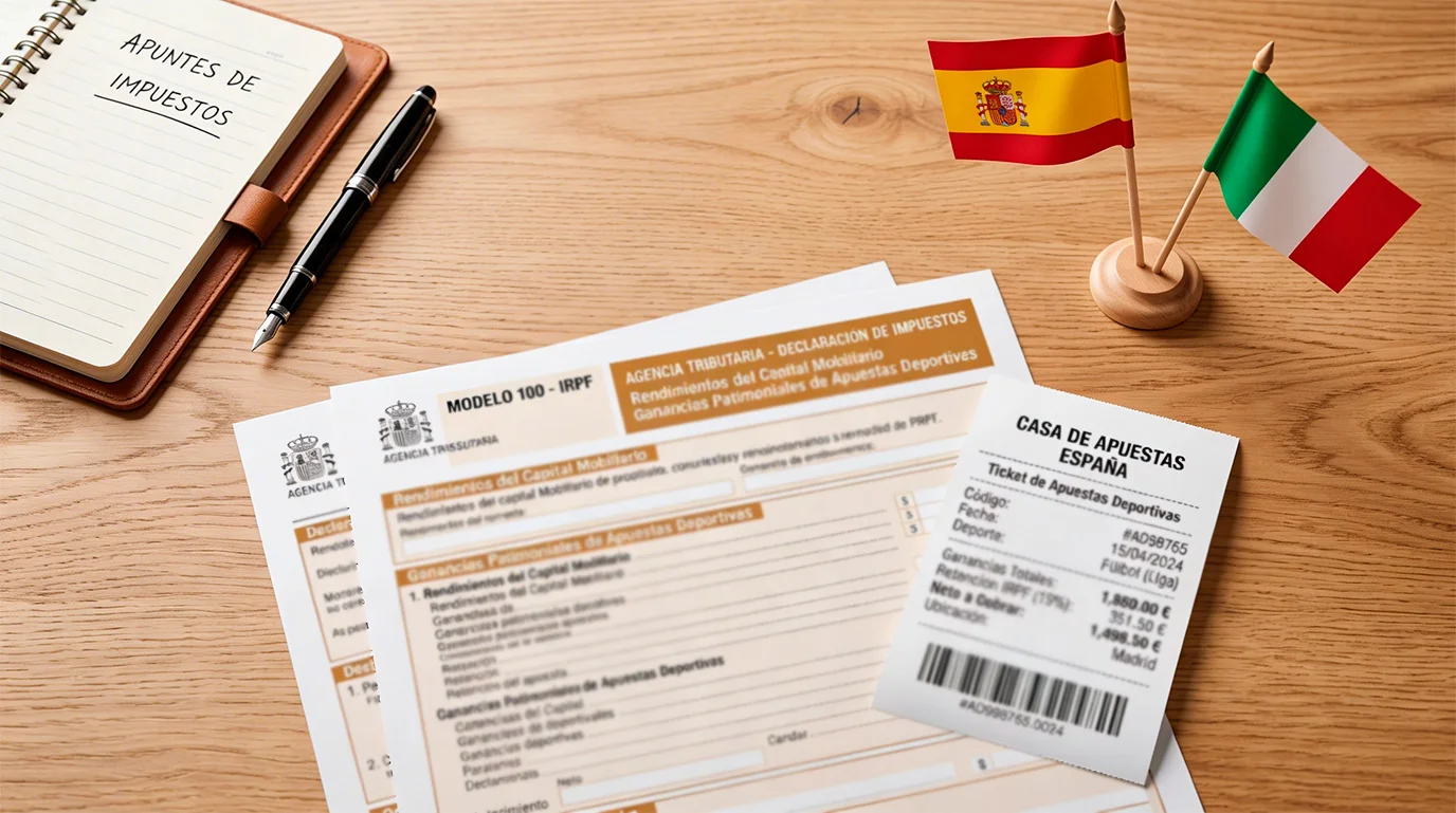Documentos fiscales y ticket de apuestas deportivas sobre un escritorio con banderas de Italia y España