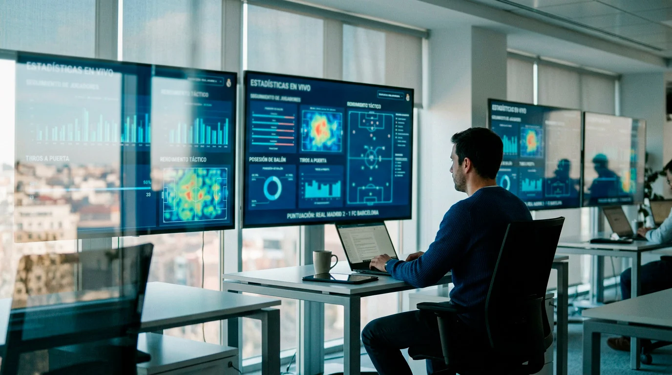 Centro de control de datos deportivos con monitores mostrando estadísticas en tiempo real de un partido de fútbol italiano