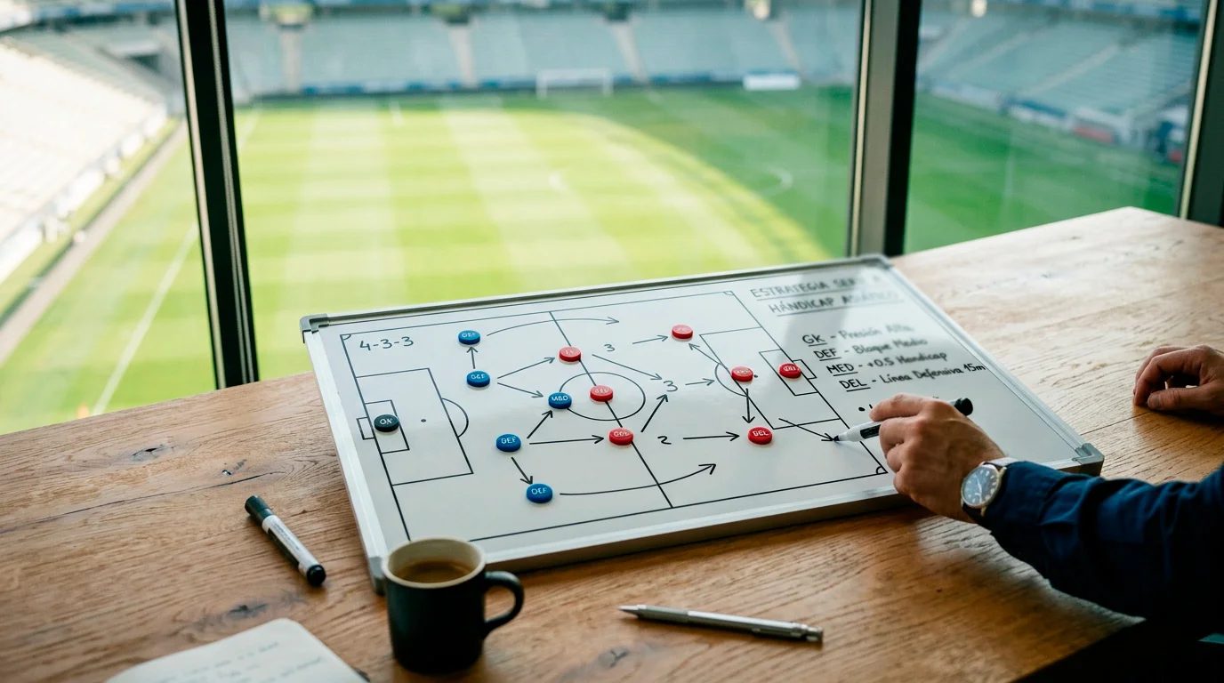 Pizarra táctica de fútbol con alineaciones y flechas de estrategia sobre un césped de campo italiano