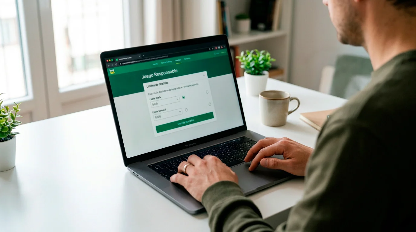 Manos configurando límites de depósito en la pantalla de un operador de apuestas deportivas en un portátil