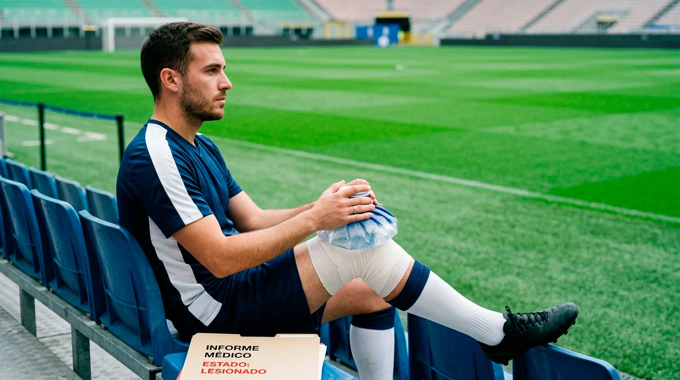 Jugador de fútbol italiano con venda en la rodilla sentado en el banquillo de un estadio de la Serie A