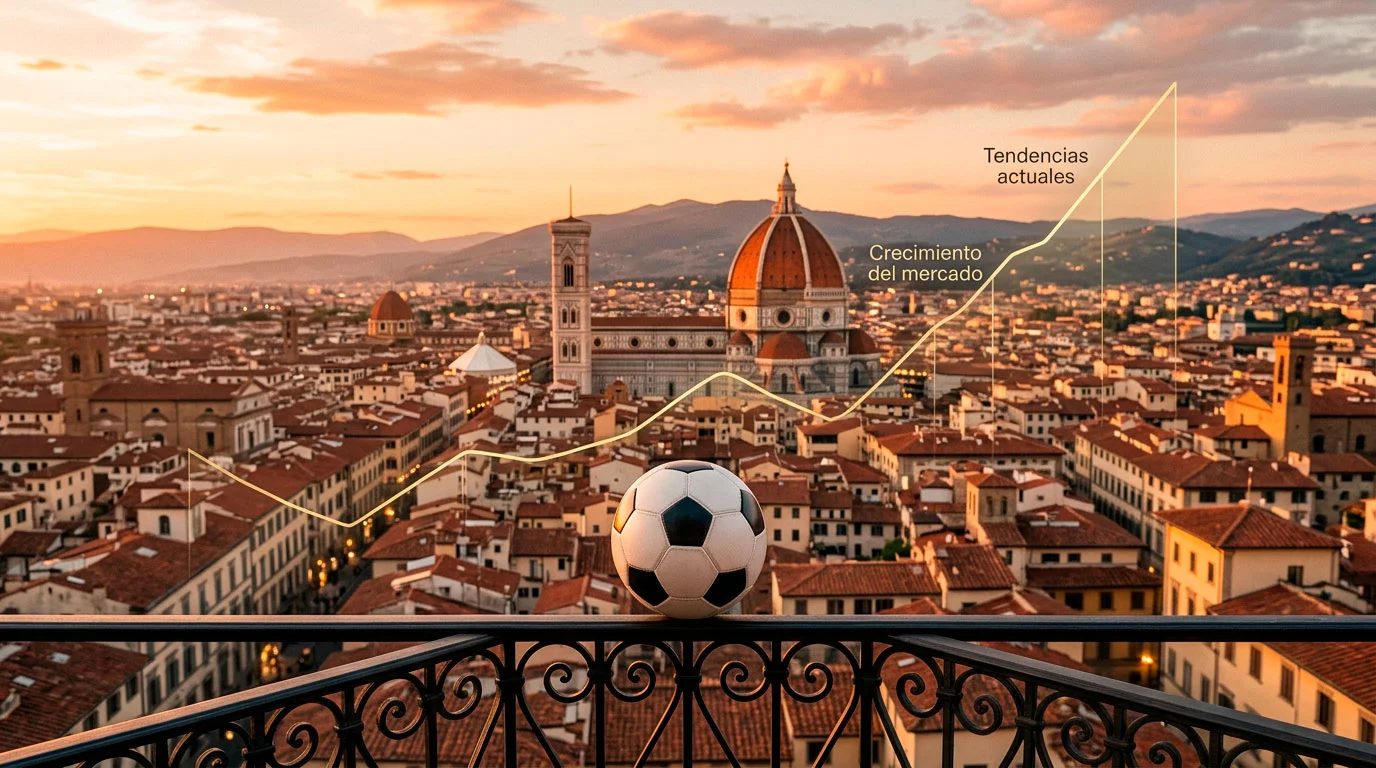 Vista panorámica de una ciudad italiana con gráficos de crecimiento financiero superpuestos y un balón de fútbol