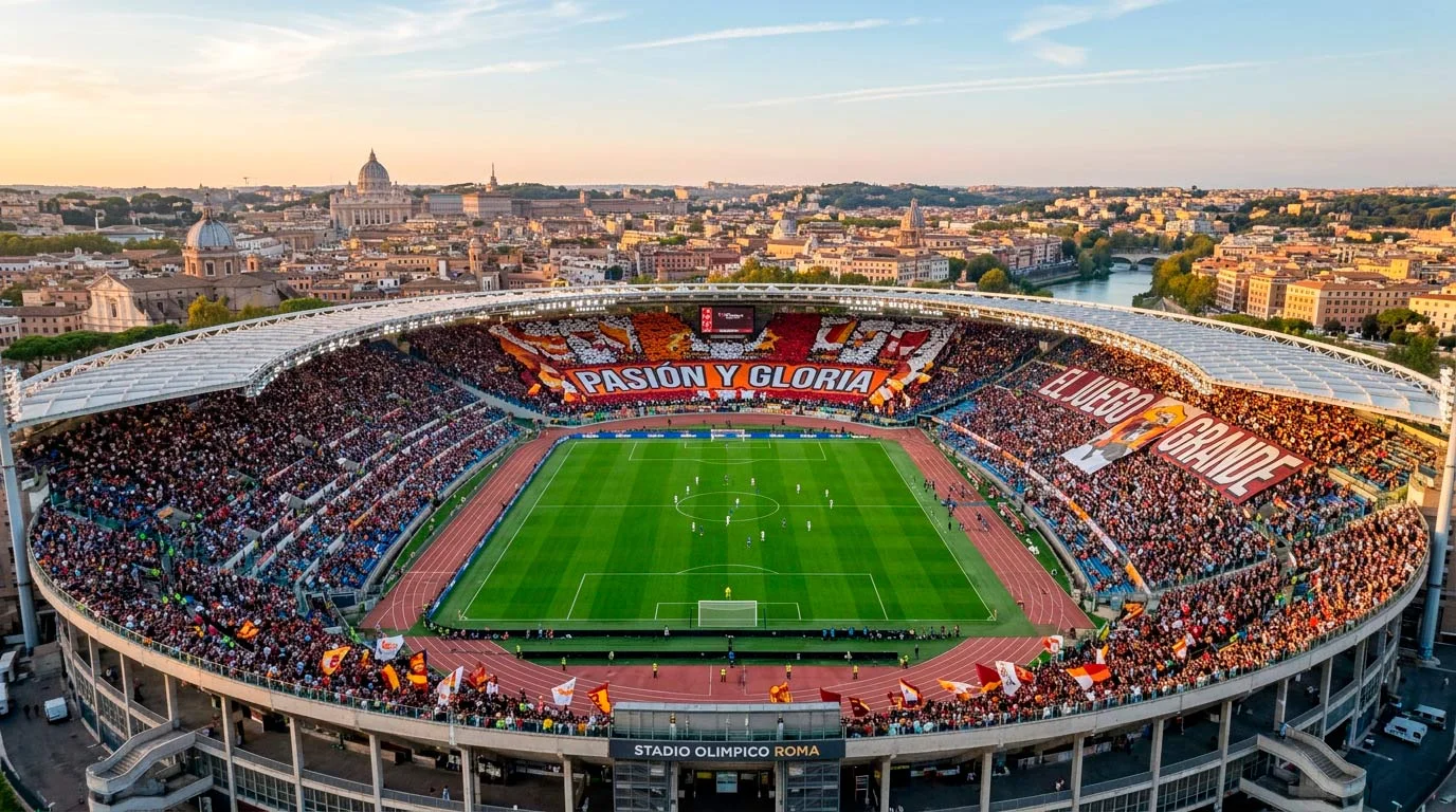 Panoramica de un estadio italiano de la Serie A con gradas llenas de aficionados