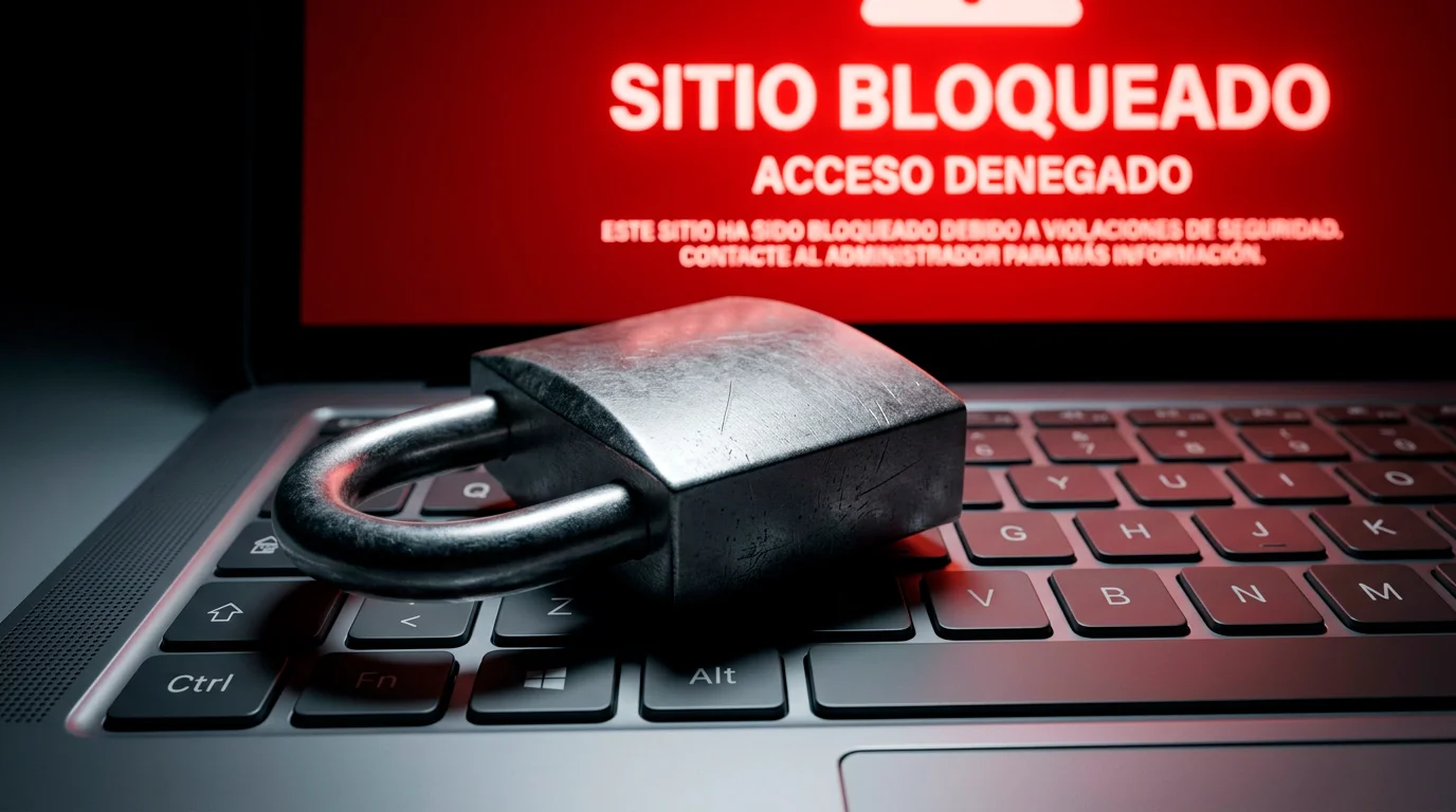 Candado de seguridad sobre un portátil con una página web de apuestas deportivas bloqueada