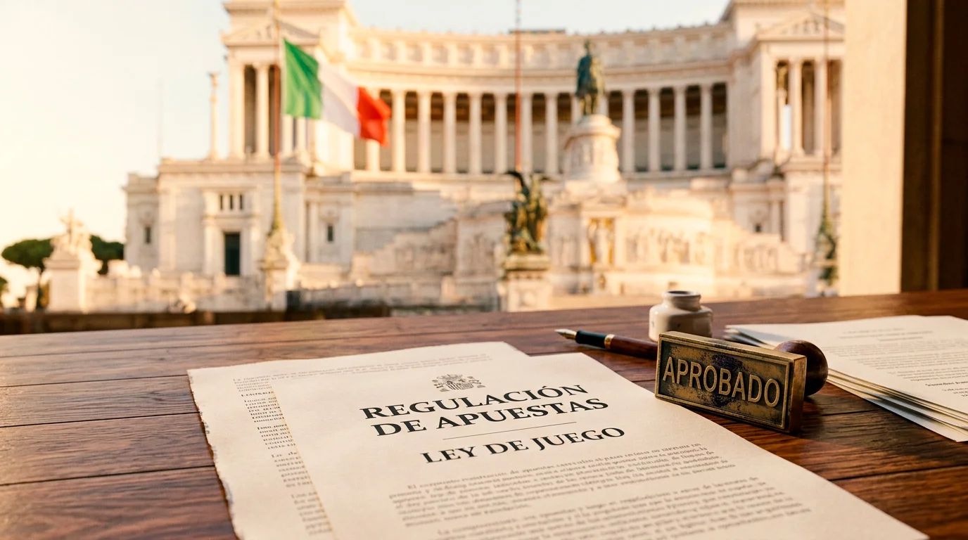 Edificio institucional italiano con bandera tricolor y documentos oficiales de regulación sobre una mesa