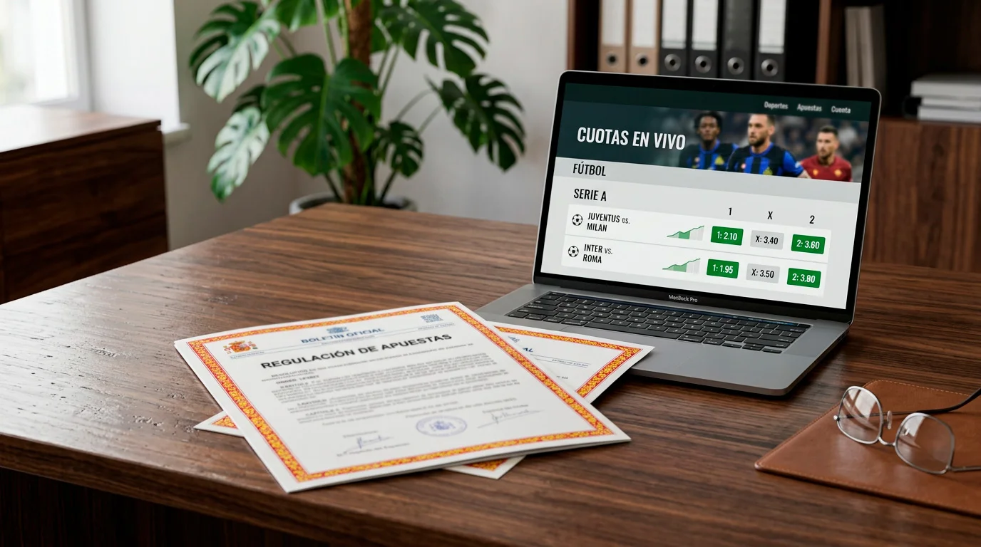 Documento oficial con el escudo de la DGOJ junto a un portatil mostrando la pagina de un operador de apuestas