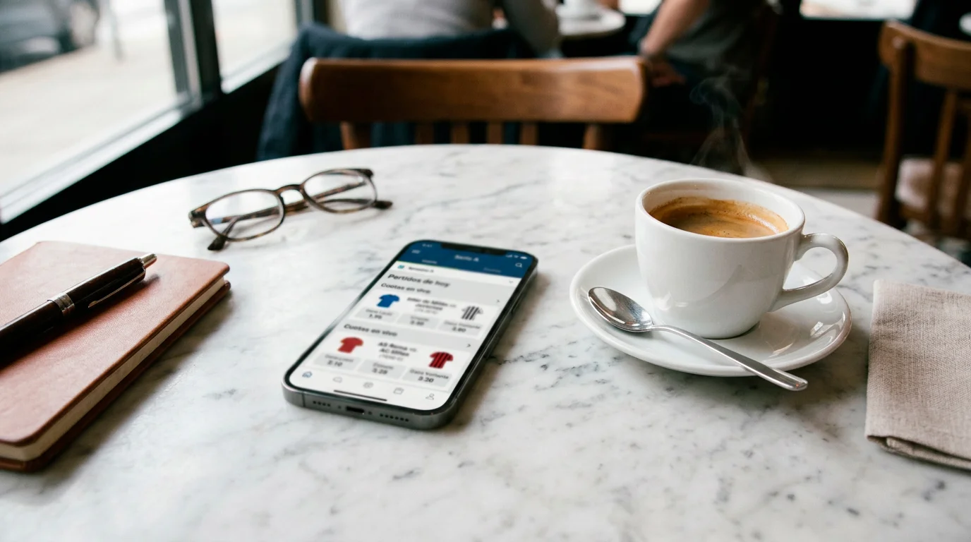 Smartphone mostrando cuotas de apuestas de la Serie A junto a una taza de café en una mesa por la mañana