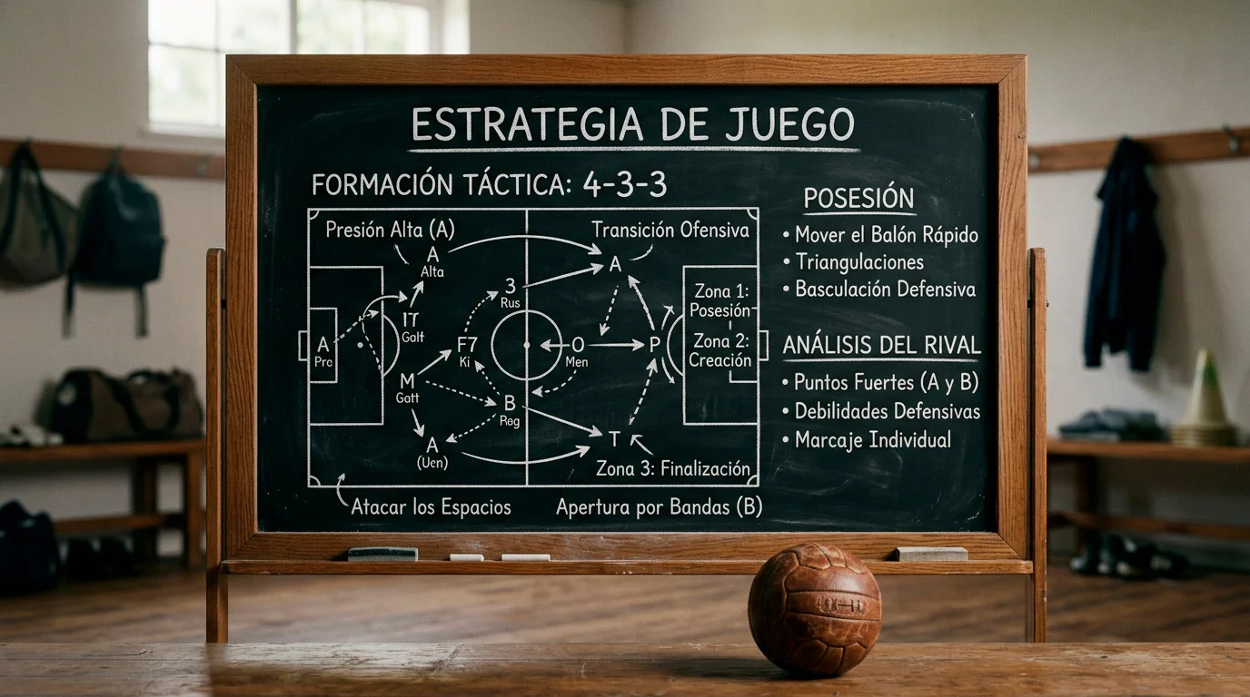 Pizarra táctica con esquemas de fútbol y estadísticas escritas con tiza junto a un balón de fútbol